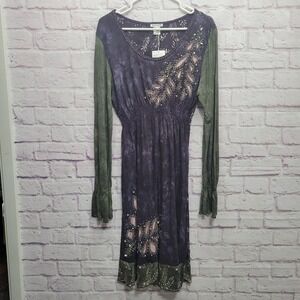 NEW Krista Lee Beaded Shift Dress Sz XL Long Sleeve Stretchy Boho Fairy Festival